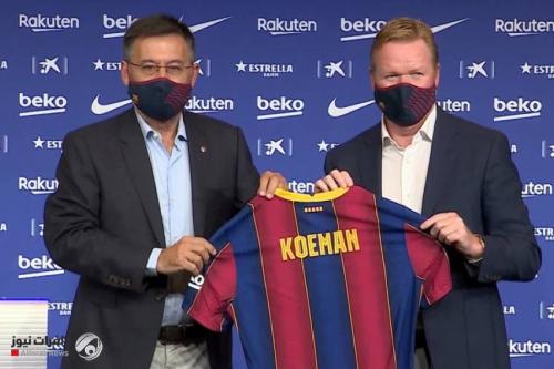 بالفيديو.. كومان ورئيس برشلونة أثناء توقيع العقد لتدريب الفريق