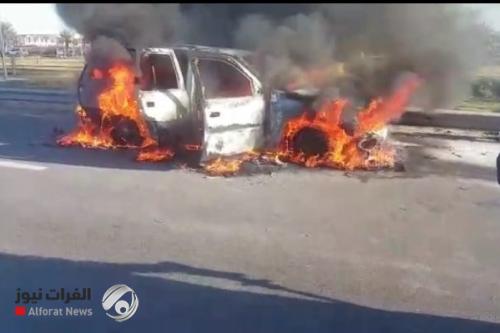 بالفيديو والصور.. حريق يلتهم عجلة بالكامل في شارع مطار بغداد الدولي